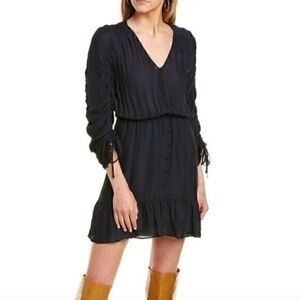 Parker Fletcher Ruched Sleeve Silk Long Sleeve Blouson Dress Midnight Blue Small